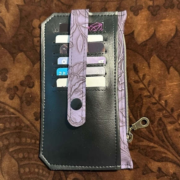 Wallet purple flowers black purse pall card holder zipper hand made - Picture 3 of 8